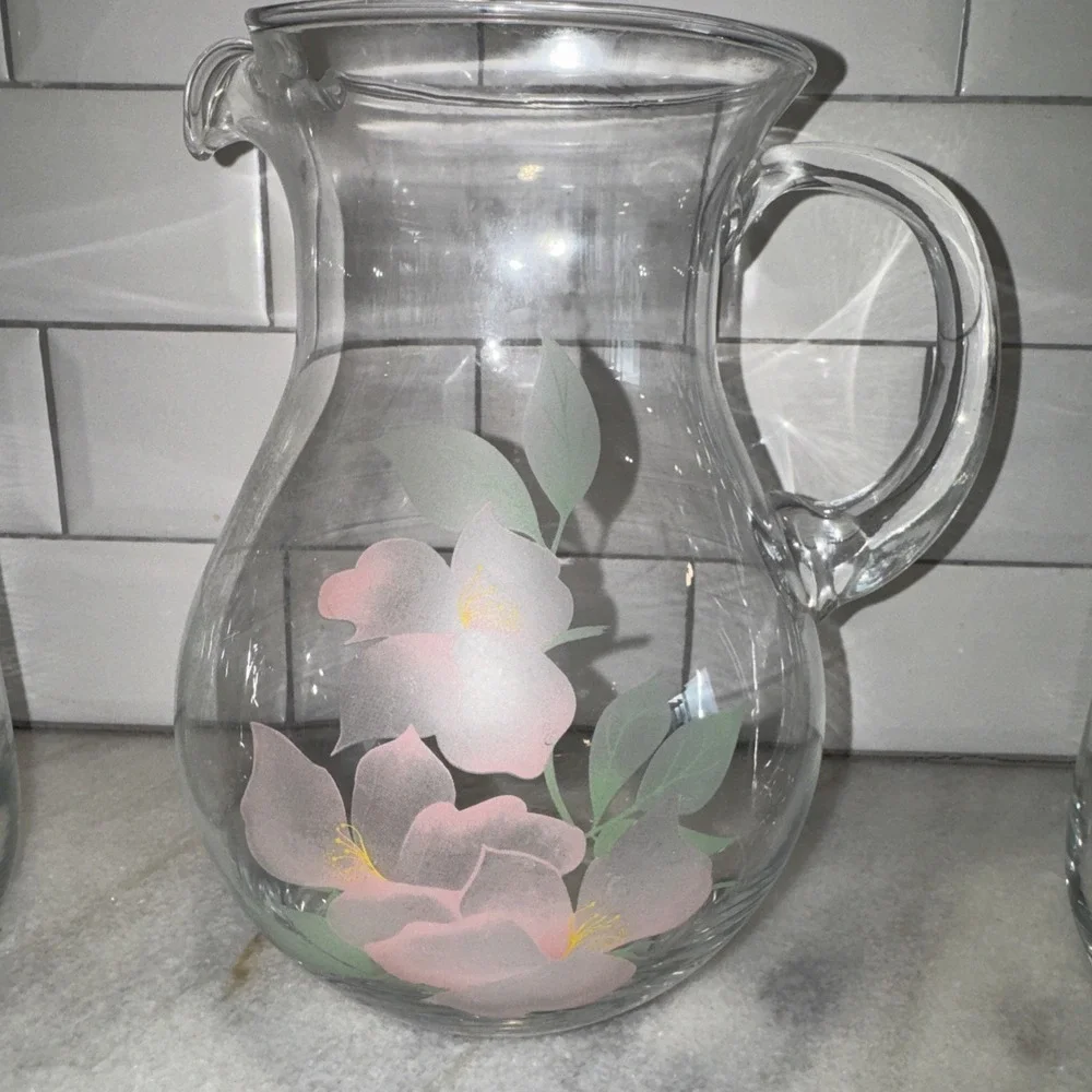 PASABAHCE TURKISH Glass Ice Lip Pitcher and 6 Glasses Pink FlowerMotif GW999 New